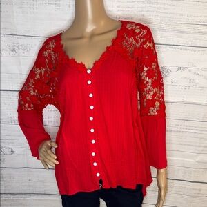 NWOT Red Lace-Shoulder Button Front Women's Top